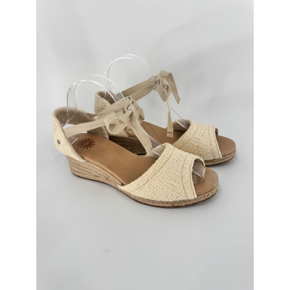 UGG Delmar Espadrille Wedge Women 8 Cream Ankle Tie Textile Jute Sandals